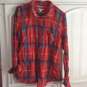 Orange red plaid button down